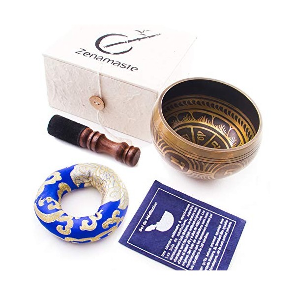 Zenamaste • Coffret Bol Tibétain de Méditation Fait à la main dans la cité de Bhaktapur au Népal - 350gr - ⌀8,9cm • Coffret e