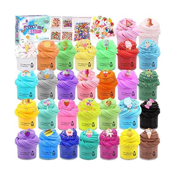 30 pcs Mini Slime Fluffy kit pour Enfants Butter Slime avec Breloques de Mini Slime,Cotillons de Slime Parfumés,Jouet de Mast