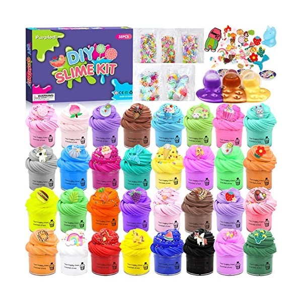 Purpledi Kit de Mini Slime Fluffy 35 Couleurs, DIY Putty Jouets pour Enfants, Non Collant, Super Doux et Antiadhésif,Jouet An