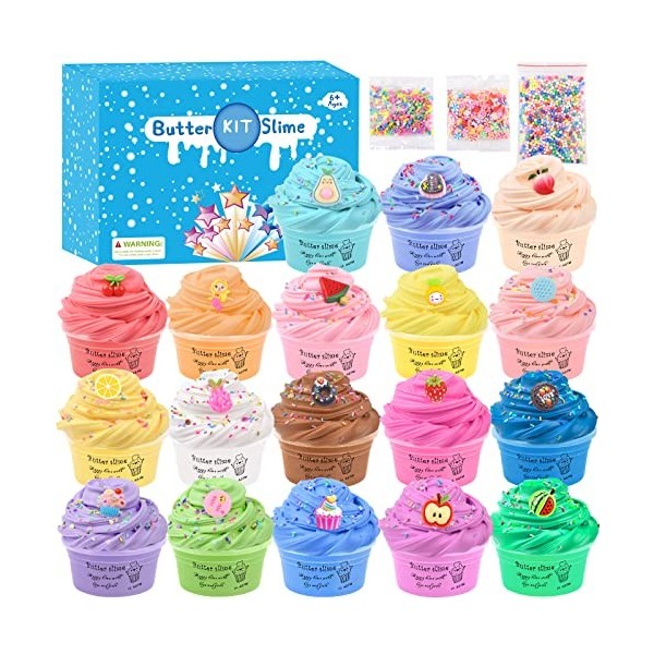 Kit Slime Fluffy pour enfants,18 Pièces Butter Slime avec Bonbons, Crème Glacée, Fruits, Breloques de Mini Slime, Cotillons d