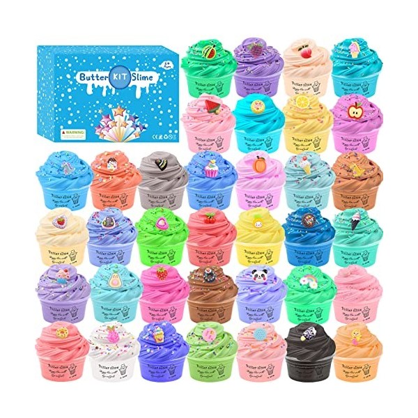 Petyuioyu Fluffy Butter Slime with 36pcs Slime kit avec Mini Slime Licorne, gâteau,crème glacée et Autres, Super Extensible J