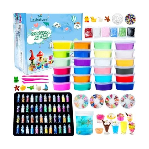 Kit de Slime Fluffy DIY - 24 Couleurs dArgile Cristal avec 48 Poudres Scintillantes, Outils, Accessoires et Argile à Séchage