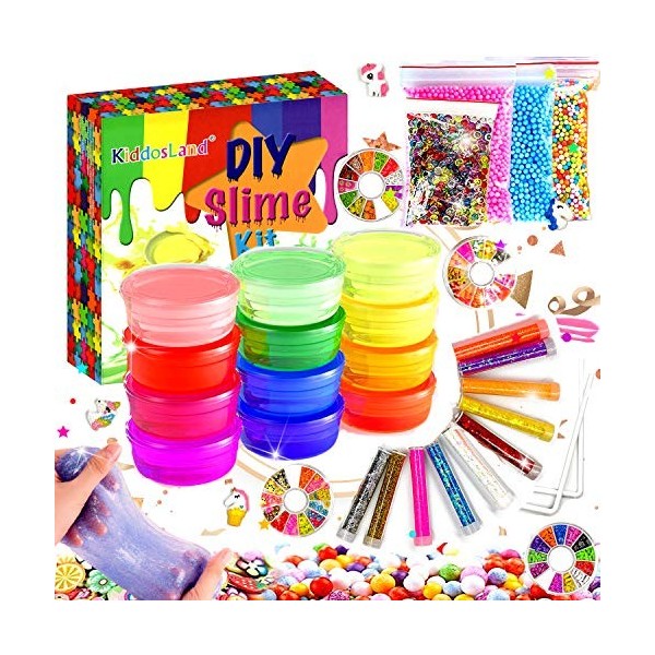 Kit de Slime Fluffy DIY - 24 Couleurs dArgile Cristal avec 48 Poudres Scintillantes, Outils, Accessoires et Argile à Séchage