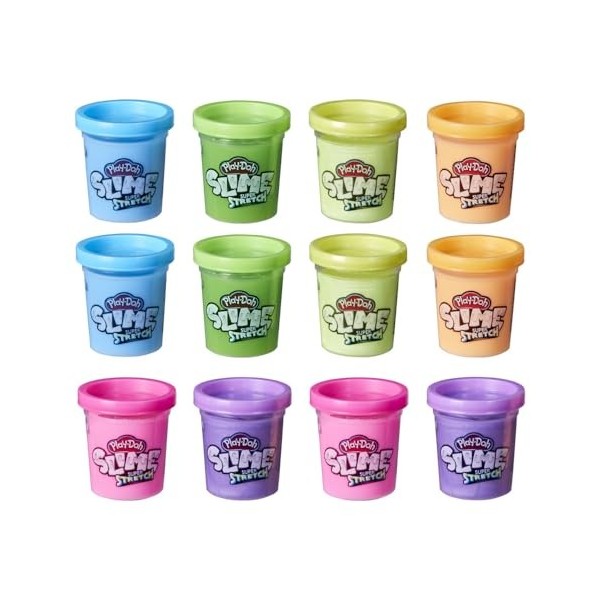Play-Doh Slime Super Stretch, Multipack de 12 Pots de pâte atoxique pour Enfants, Couleurs Assorties, dès 3 Ans