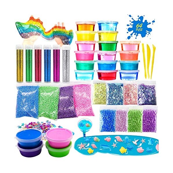 dargile Slime Kit avec Slime de Cristal dargile à Modeler Confetti Pailletés Poudre Boule de Mousse Résine Moule danimaux 