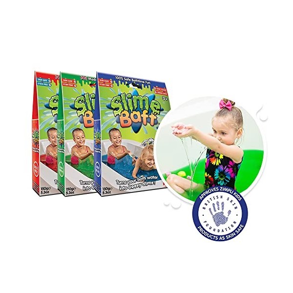 3 x Slime Baff Bundle de Zimpli Kids, Rouge, Vert et Bleu, transforme magiquement leau en Slime Gluant et coloré, kit de Fab
