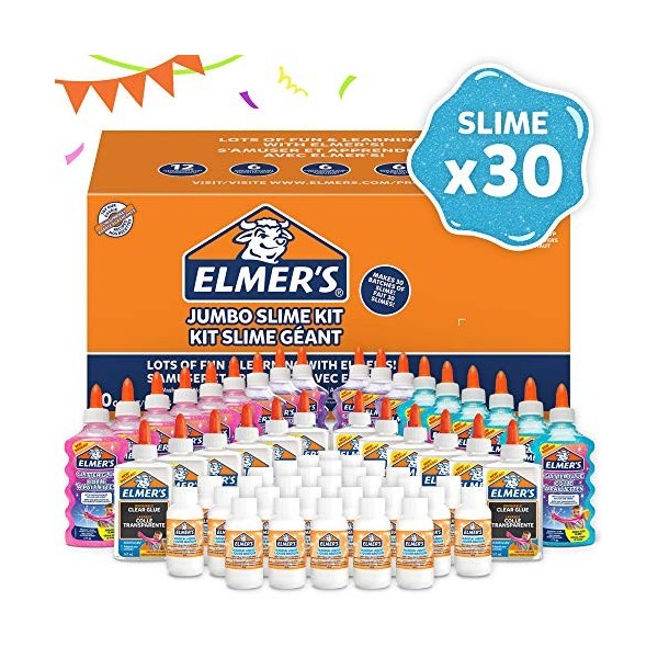 Elmers pack fête pour slime avec colle pailletée 18 flacons , colle transparente 12 flacons + activateur pour slime 30 f