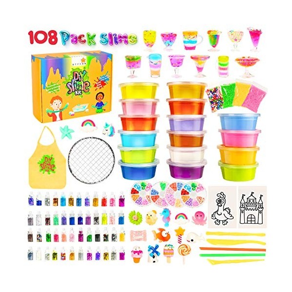 GTPHOM Slime Enfant 108 Pièces, Kit Slime Deja Fait Bricolage Enfant, avec 48 Paillettes en Poudre, 12 Slime Transparent, 4 S