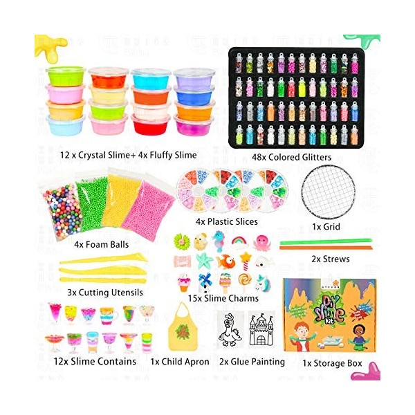 GTPHOM Slime Enfant 108 Pièces, Kit Slime Deja Fait Bricolage Enfant, avec 48 Paillettes en Poudre, 12 Slime Transparent, 4 S