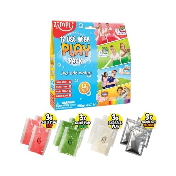 12 Use Mega Play Pack de Zimpli Kids, 3 x Gelli Play, 3 x Slime Play, 3 x Snoball Play & 3 x Crackle Baff, jouet sensoriel po