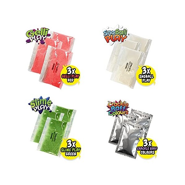 12 Use Mega Play Pack de Zimpli Kids, 3 x Gelli Play, 3 x Slime Play, 3 x Snoball Play & 3 x Crackle Baff, jouet sensoriel po