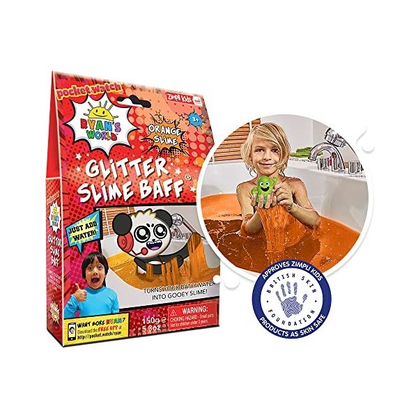 Ryans World Slime pailleté orange Baff 1 bain ou 4 jeux de Zimpli Kids, transforme leau en slime gluante et colorée, jouet 