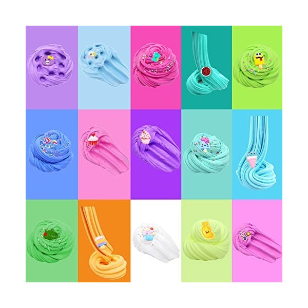 LiRiQi Kit de Slime Fluffy Butter 15 Pièces, Non Collant, Super Doux, Parfumé, 15 Décorations, 2 Cornets de Crème Glacée, 2 B