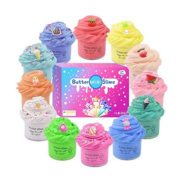 12 de Kits de Fluffy Butter Slime,avec 12 Mini Breloques Mignonnes, Joli Cadeau de Fête Slime, Super Doux et Antiadhésif, Jou