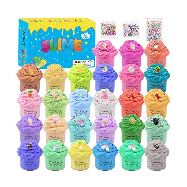 27 de Kits de Fluffy Butter Slime,avec 27 Mini Breloques Mignonnes,Joli Cadeau de Fête Slime, Super Doux et Antiadhésif,Jouet