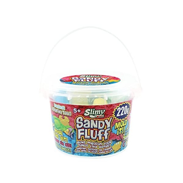 Slimy Sandy Fluff Sable bleu 220 g – Sable Slime original pour enfants, pâte à modeler magique avec seau et deux moules, pâte