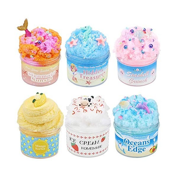 6 Pack Cloud Slime Kit Ocean Cloud Slime Super Doux et Non Collant DIY Sludge Toy pour Enfants avec Menmaid Slime, Sea Treasu