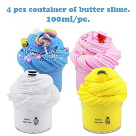 4 Pack DIY Butter Slime Kit with Yellow Color Pineapple Slime, Pink Watermelon Slime, Coffee Slime, Blue Candy Slime and Whit