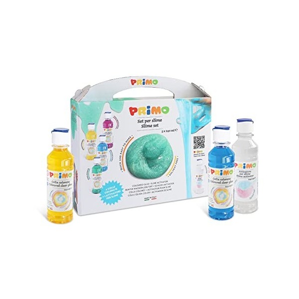 Morocolor PRIMO, Assortiment de 4 colles à eau colorées en flacon 240 ml et 1 activateur pour Slime, Fabriqué en Italie, Ense