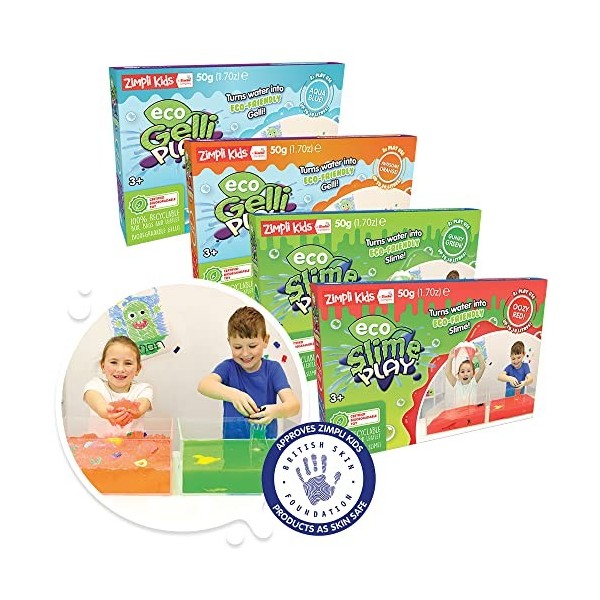 4 boîtes de jeu écologiques de Zimpli Kids : 1 Eco Gelli Play Orange, 1 Eco Gelli Play Aqua, 1 Eco Slime Play Red et 1 Eco Sl