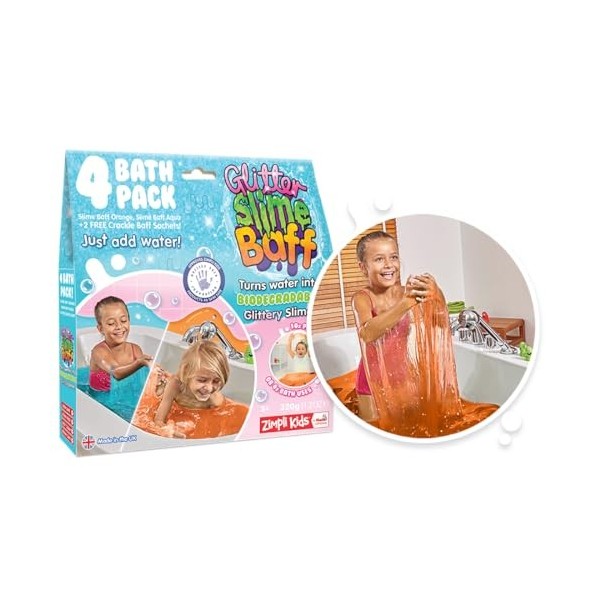 Zimpli Kids, Lot de 4 Boules de Slime à Paillettes Aqua et Orange, 2 x déflecteur craquelé, transforme leau comme par Magie 