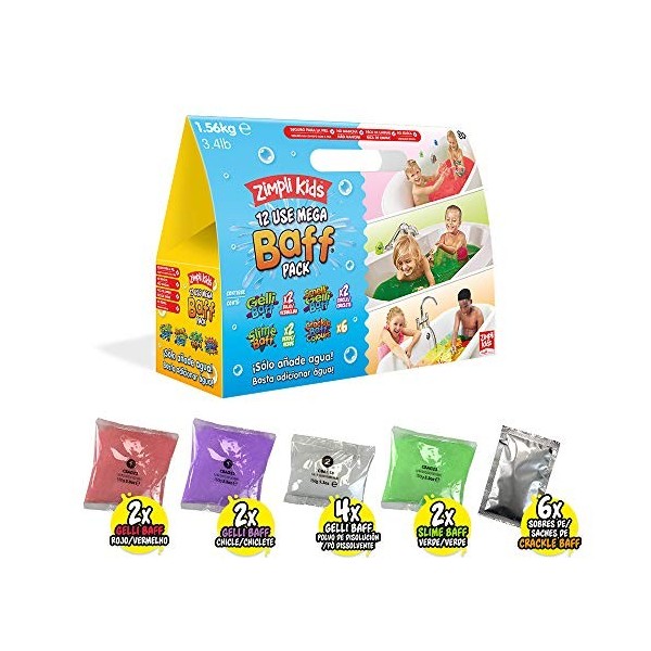 Zimpli Kids - Pack Mega Baff pour Jouer à lheure du Bain - Comprend 4 x Gelli Baff, 2 x Slime Baff & 6 x Crackle Baff, biodé