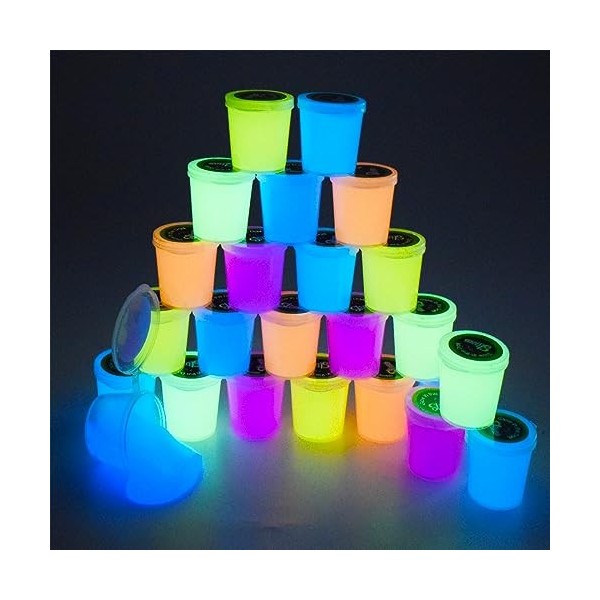 Glow in the Dark Slime Kit – Lot de 24 Galaxy Slime en cristal, avec rose, bleu, orange et jaune pour etc, doux et non collan