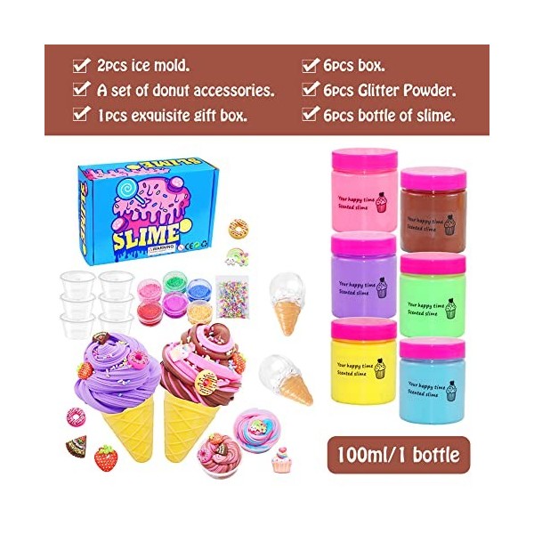 SWZY Ice Cream Slime Fluffy Slime Set Donut Fruit Slime Accessoires pour Filles et garçons 6pcs…