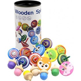 OBEST Nouveaux Packs de 17 Toupie en Bois, Petits Tops Imprimés Animaux, Tops Colorés pour Jouets pour Enfants