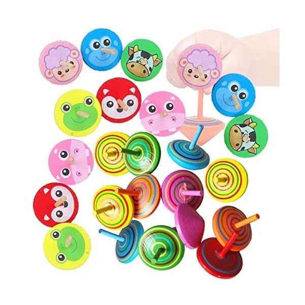 24 Pièces Toupie Enfant Bois, Mini Toupie Anniversaire, Mini Spinning Top Gyroscopes Coloré, Bois Jouet pour Enfants avec des