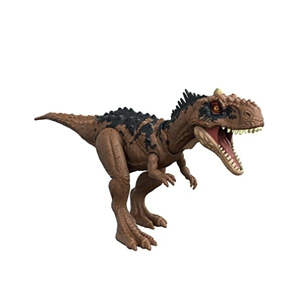 Jurassic World Figurine articulée et sonore de Rajasaurus Attaque Rugissante 33 cm avec code ADN caché et scannable, à Coll