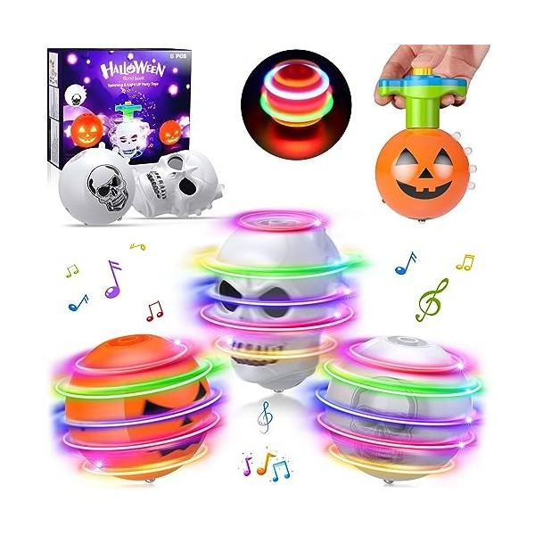 Halloween Toupies Déveil Jouets, 6 PCS Gyroscopiques avec Lumières LED et Musique Jouets, Kit de Faveurs de Jeux de Fête dh