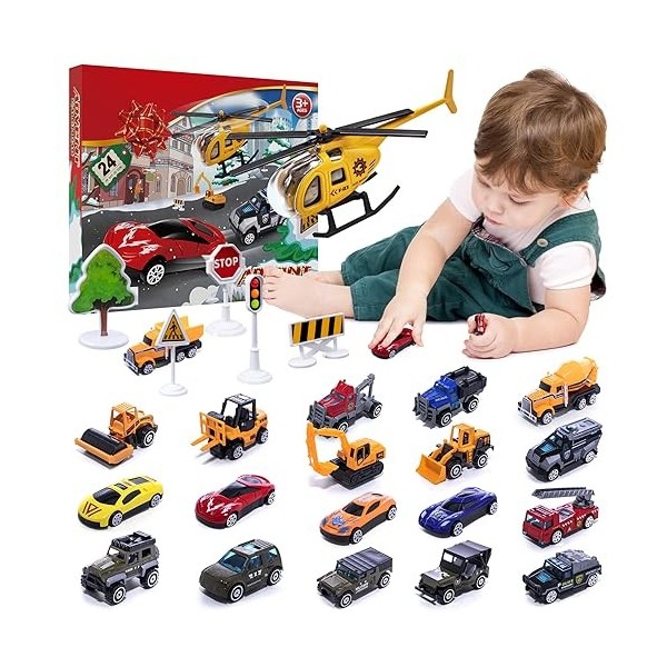 ONLYFUN Calendrier de lAvent 2023, calendrier de Noël pour enfants, jouets de voiture en ferro-alliage, jouets 3 4 5 6 7 8 9