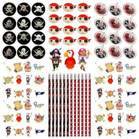 PartyPack Kit de fête pirate – 96 x – Jeux danniversaire pour enfants, cadeaux dinvités, tatouages, crayons, gommes, toupie