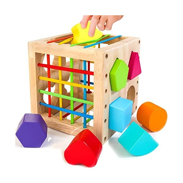 HELLOWOOD Jeu de tri Montessori Cube à emboîter à partir de 1 an, Cube de motricité avec 8 Cubes à emboîter, Jouets en Bois p