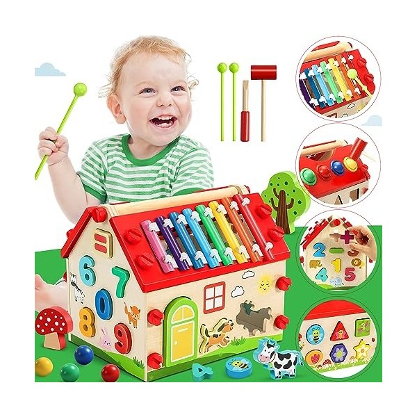 Jojoin Jouets éveil Montessori Jouet Bebe - Jouet Enfant | Jouet de Martelage en Bois avec Xylophone - Trieur de Forme Durabl