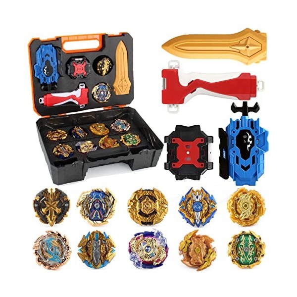 TuKIIE Bey Battle Top Set pour Enfants, 10 Burst Turbo Set, 3 lanceurs, Gyro Box, Toupie pour Enfants, Arène Toys pour Enfant