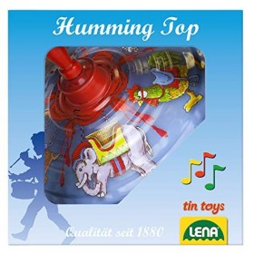 LENA- Humming Top Ø 19 cm, Plateau, Pompe Classique, toupie en métal avec Motif Merry Go-Round avec Support, Jouet pour Enfan