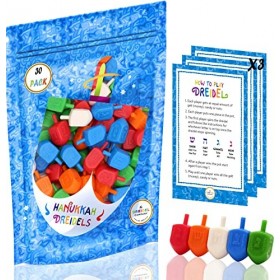 Hanukkah Dreidels Lot de 30 draydels Chanukah en plastique multicolore avec translitération anglaise dans un sac à fermeture 