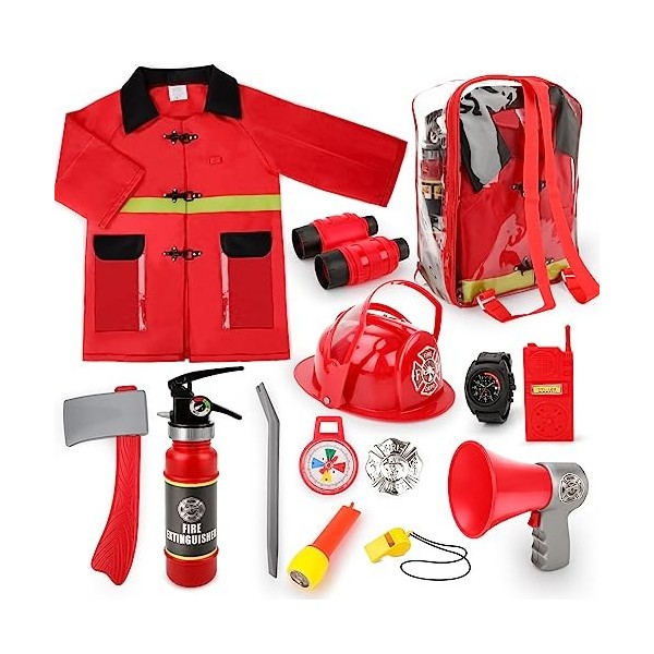 deAO Set de costume de Deguisement pompier avec 14 accessoires, casque pompier,un sac de rangement et un extincteur de feu à 