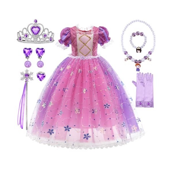 HOUSTAR Deguisement Princesse Fille, Raiponce Robe Princesse Fille avec Couronne Princesse Ensemble, Rapunzel Robe Princesse 