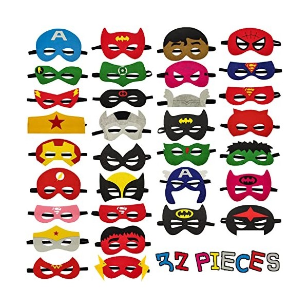 Goujfol Masque de Super Héros, 32 Pièces Cosplay Feutre Masque Enfant, Decoration Spiderman Anniversaire Deguisement, Super H