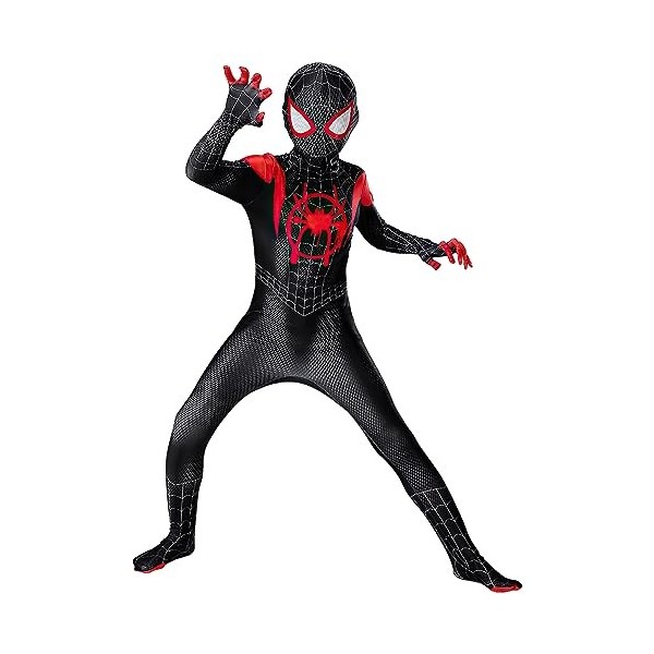 Auoisgo Miles Morales Spiderman Costume de jeu pour enfant avec fermeture éclair super héros pour Halloween, carnaval, cospla