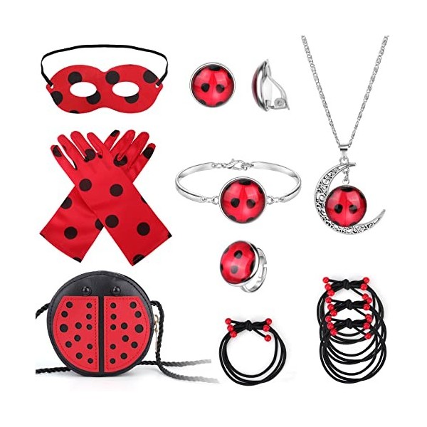 HIFOT Deguisement Ladybug Masque Gants Sac Elastique Cheveux Collier Bracelet Bague Boucle doreille Déguisement Ladybug Set,