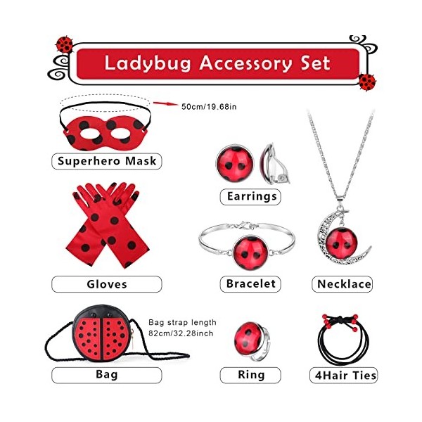 HIFOT Deguisement Ladybug Masque Gants Sac Elastique Cheveux Collier Bracelet Bague Boucle doreille Déguisement Ladybug Set,