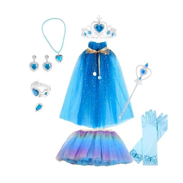 9 PCS Princesse Cape Tutu Jupes en Paillettes Tulle Déguisement Ensemble de Bijoux Accessoires avec Couronne Boucles doreill