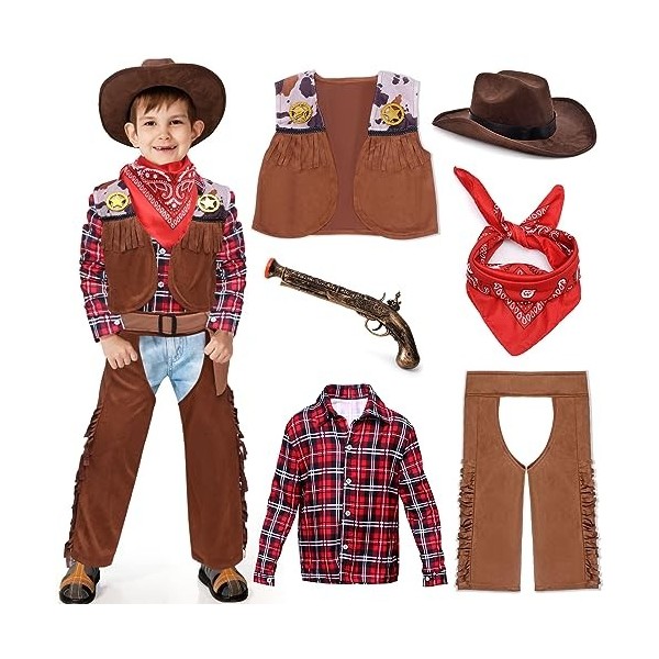 vamei Déguisement Cowboy Enfant Costume Cowboy Enfant avec Chapeau Cowboy Vest Bandana pour Carnival Halloween Noël Cosplay A