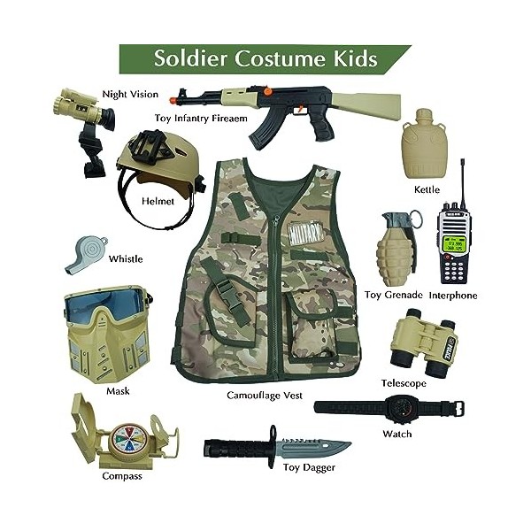 RedCrab Déguisement Militaire Enfant Costume avec Casque Veste Télescope Walkie Talkie Accessoires, 3-10 Ans,13 pcs