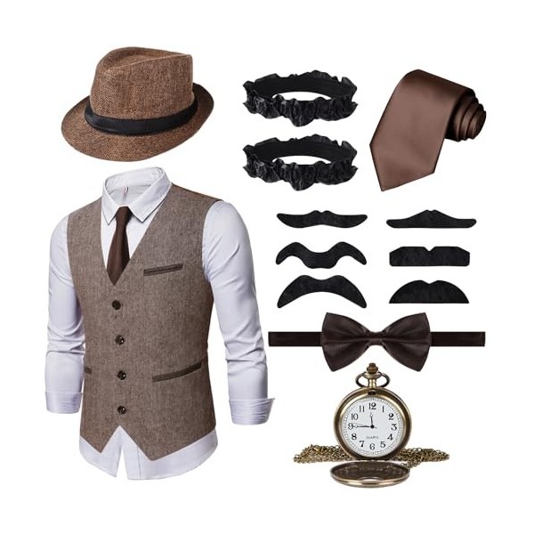 Ulikey Accessoires Déguisement Année 20 Hommes, 1920 Mafieux Costumes Hommes Ensemble avec Une Variété daccessoires Convienn