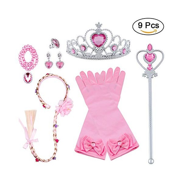 Vicloon Princesse Dress Up Accessoires Filles Diadème Varita Magie Collier Gants pour Cosplay Carnaval Fête danniversaire